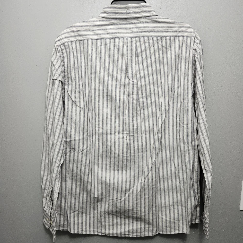 Organic cotton men's button-down shirt large long stripped cream and blue - Picture 7 of 9